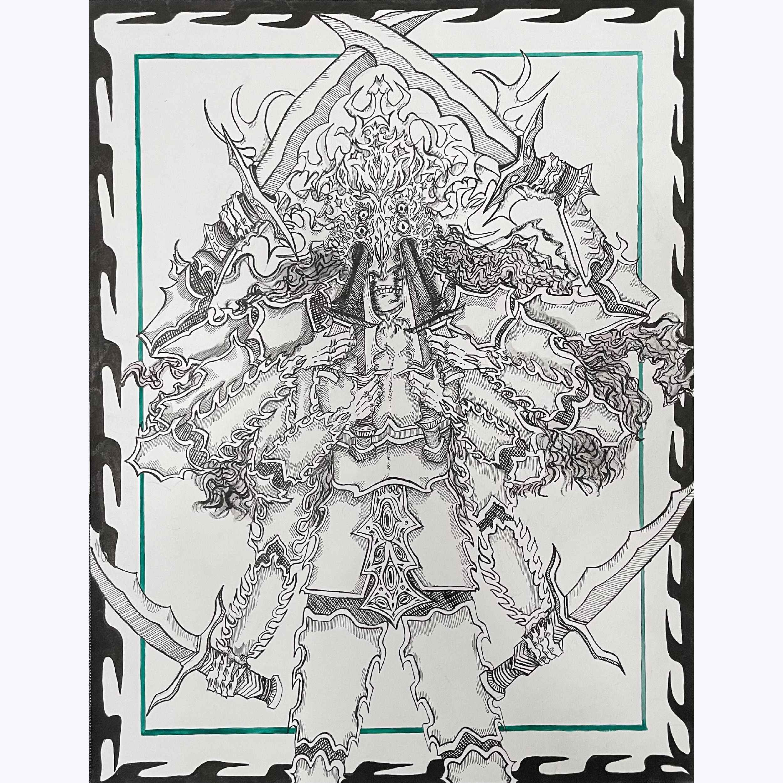 Black and white image displaying an armored figure with eight arms drawing eight swords from its eyes. A green border surrounds the figure with a black border around this.